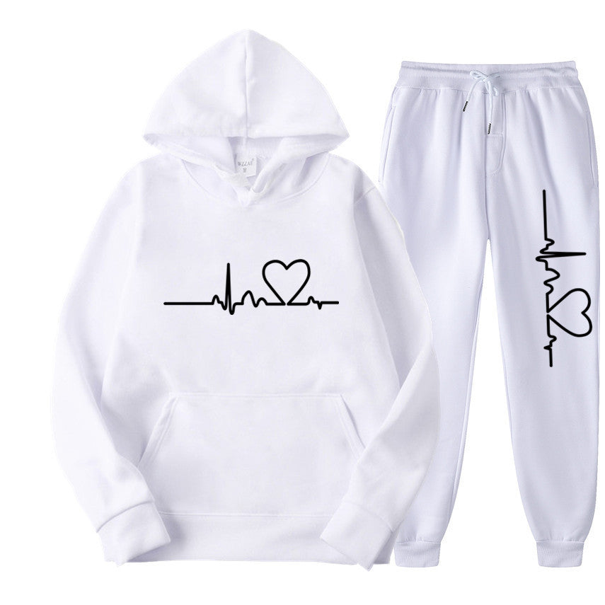 Heart Print Long Sleeve Pullover Hoodie Sweatshirt and Pants Two-Piece Set