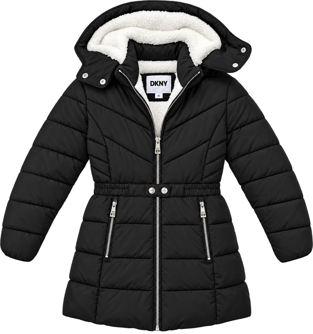 Girls DKNY belted puffer jacket in black with sherpa lined hood