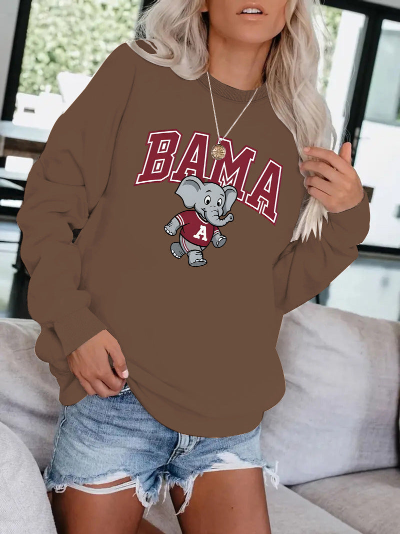 Bama Elephant Printed Round Neck Velvet Hoodie