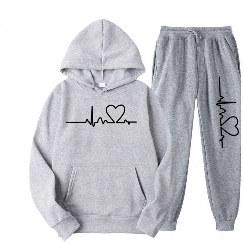 Heart Print Long Sleeve Pullover Hoodie Sweatshirt and Pants Two-Piece Set