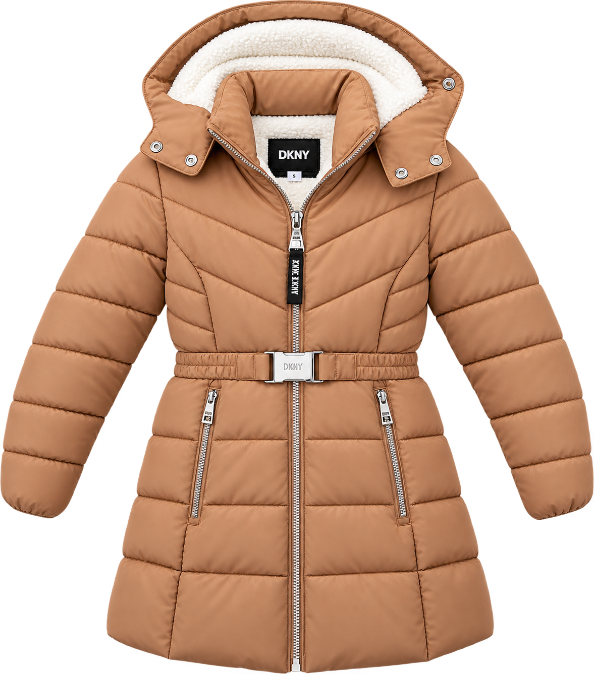 Girls DKNY belted puffer jacket in camel with sherpa lined hood