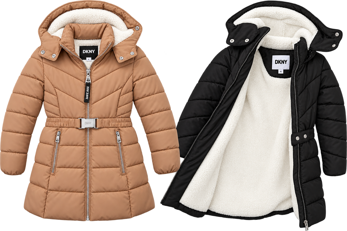 Girls DKNY belted puffer jacket in black and camel side by side