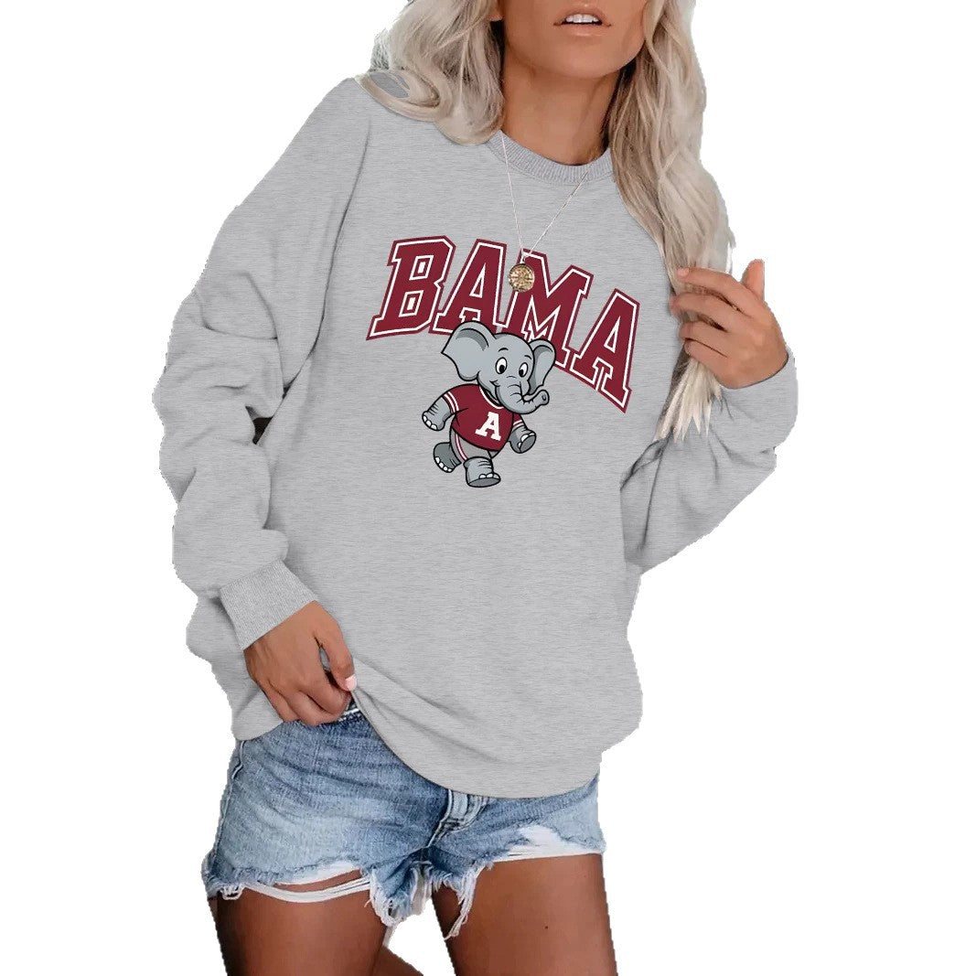 Bama Elephant Printed Round Neck Velvet Hoodie